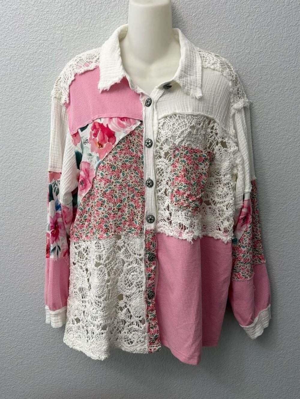 POL Mixed Floral and Lace Patchwork Oversized Button-Up Shacket